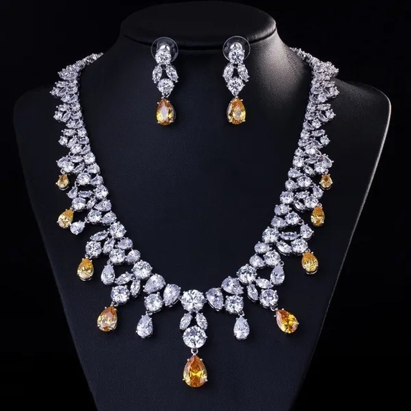 Gloriya Luxury Wedding Bridal Party Jewelry Set for Women White Gold Plated Red Cubic Zirconia Tear Drop Earrings Necklace Sets