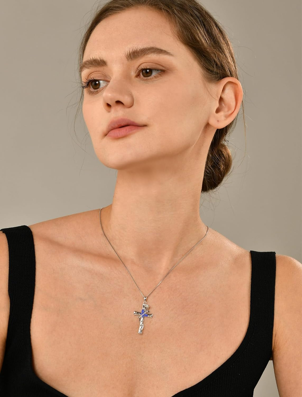 Butterfly Cross Necklace Sterling Silver Cubic Zirconia Rose Pendant Birthstones Crucifix Jewelry for Women