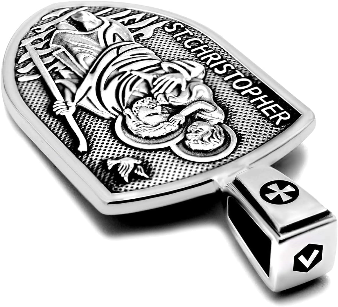 ® Saint Christopher Protect Us Medal St. Christopher Protection Shield Christian Amulet Unique Solid 925 Sterling Silver Pendant Necklace + Velvet Pouch, Polishing Cloth, Gift Box