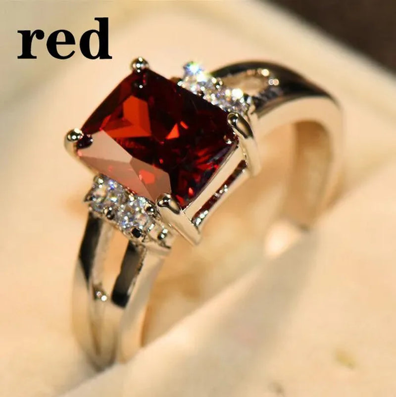 Women 925 Silver Plated Black Sapphire / Amethyst / Ruby Wedding Engagement Ring Size 6 7 8 9 10 (Choice Color and Size)