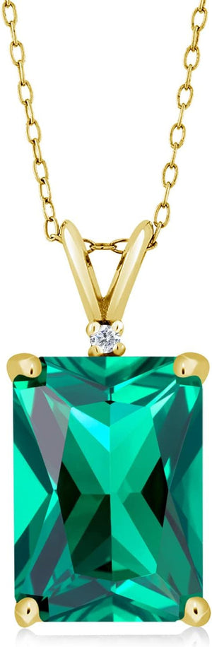 18K Yellow Gold Plated Silver Green Nano Emerald and White Diamond Pendant Necklace for Women (6.52 Cttw, Gemstone May Birthstone, Emerald Cut 14X10MM, with 18 Inch Silver Chain)