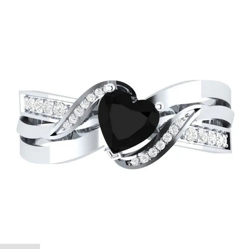 Natural Black Sapphire & Diamond Heart Cut Engagement Wedding 18 K White Gold Filled Ring - WORLD TIME VISITS