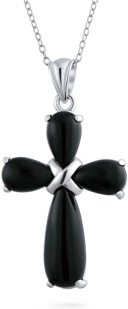 Timeless Fashion Cabochon Genuine Gemstones Black Onyx Multi Color Green Jade Cross Pendant Necklace for Women Teen .925 Sterling Silver with Chain