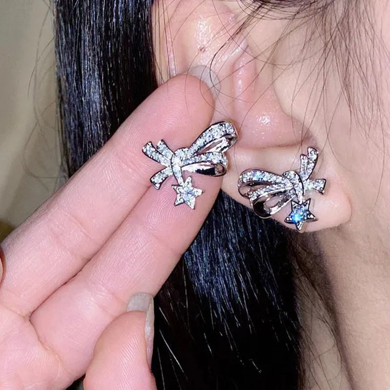 4Pcs/Set High Quality S925 Stamp Sterling Silver Post Bow with Star Pentagram Micro Inlaid Sparkling Cubic Zirconia Jewelry Set Earrings Pendant Necklace Open End Ring for Women Lovely Girl Birthday Party Anniversary Gift