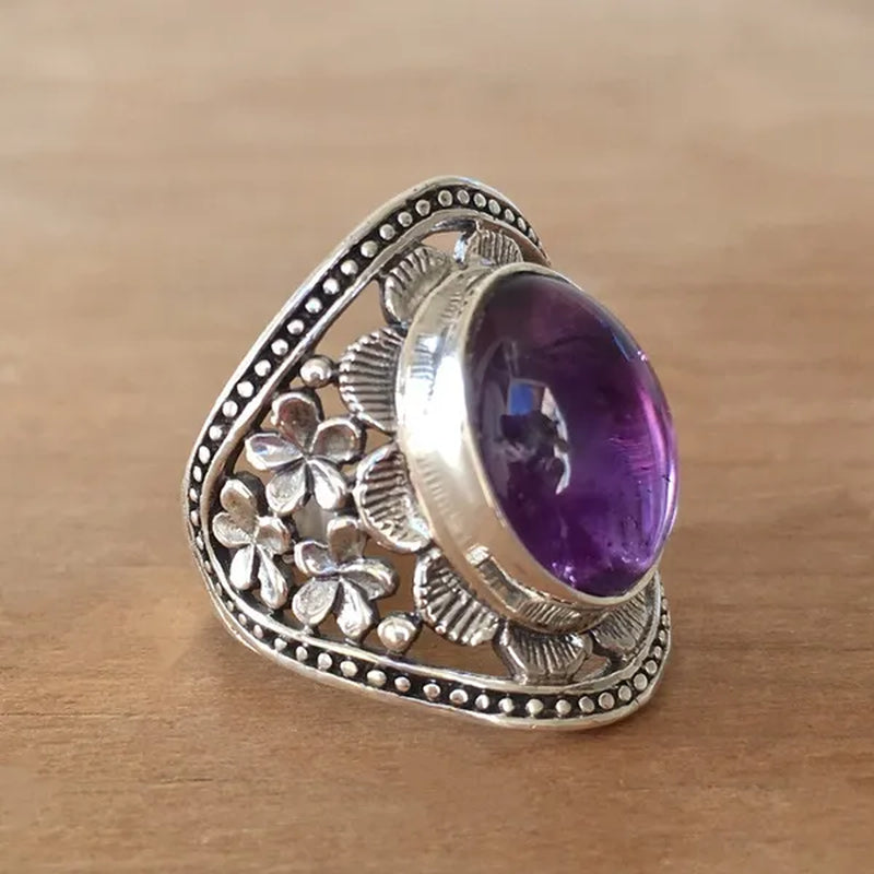 Exquisite Woman Fashion Vintage Wide Edge Engraved Flower Ring  Amethyst  Ring Engagement Party Bride Wedding High Jewelry Christmas Valentine's Day Gift Ring Size US4-12