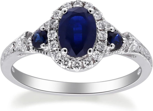 14K White Gold Genuine Blue Sapphire Ring with Diamonds for Women | Ethically, Authentically & Organically Sourced (Oval-Cut) Shaped Sapphire Hand-Crafted Jewelry for Her | Sapphire Ring for Women