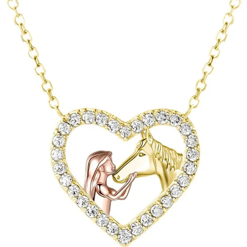 Exquisite Fashion Women's Creative Girl and Horse Necklace Heart Diamond Pendant Necklace Women's Animal Jewelry Accessories Birthday Anniversary Gift
