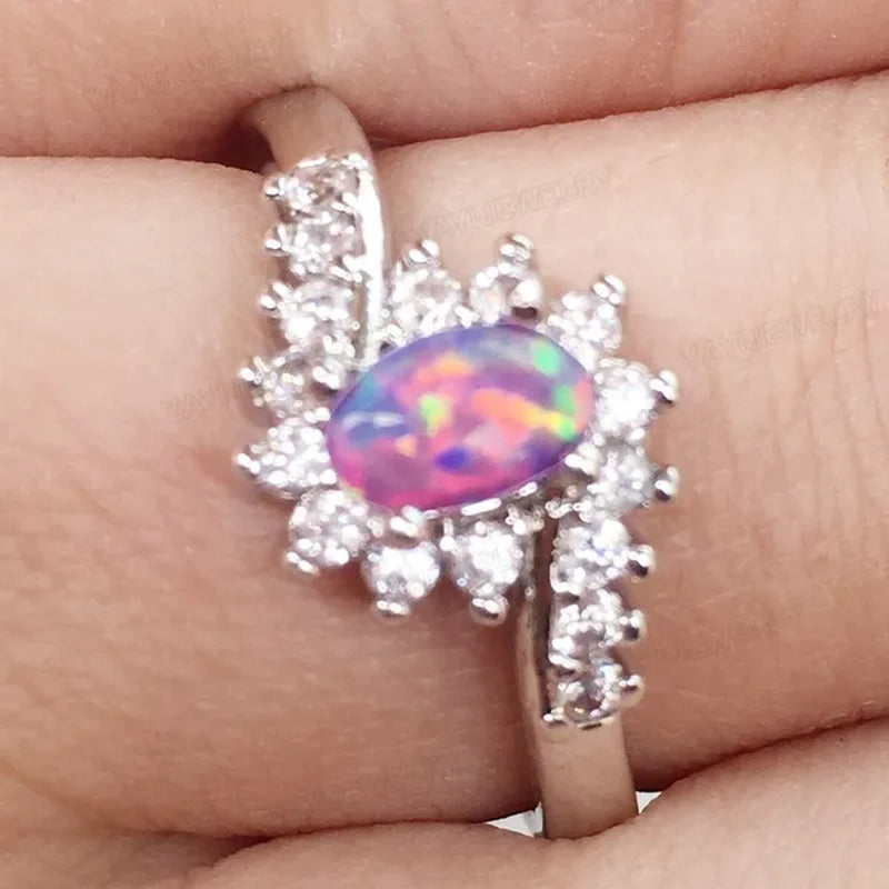 Exquisite Women's  Silver Ring Oval Cut Fire Opal Diamond Jewelry Birthday Proposal Gift Bridal Engagement Party Band Rings Size 5-12