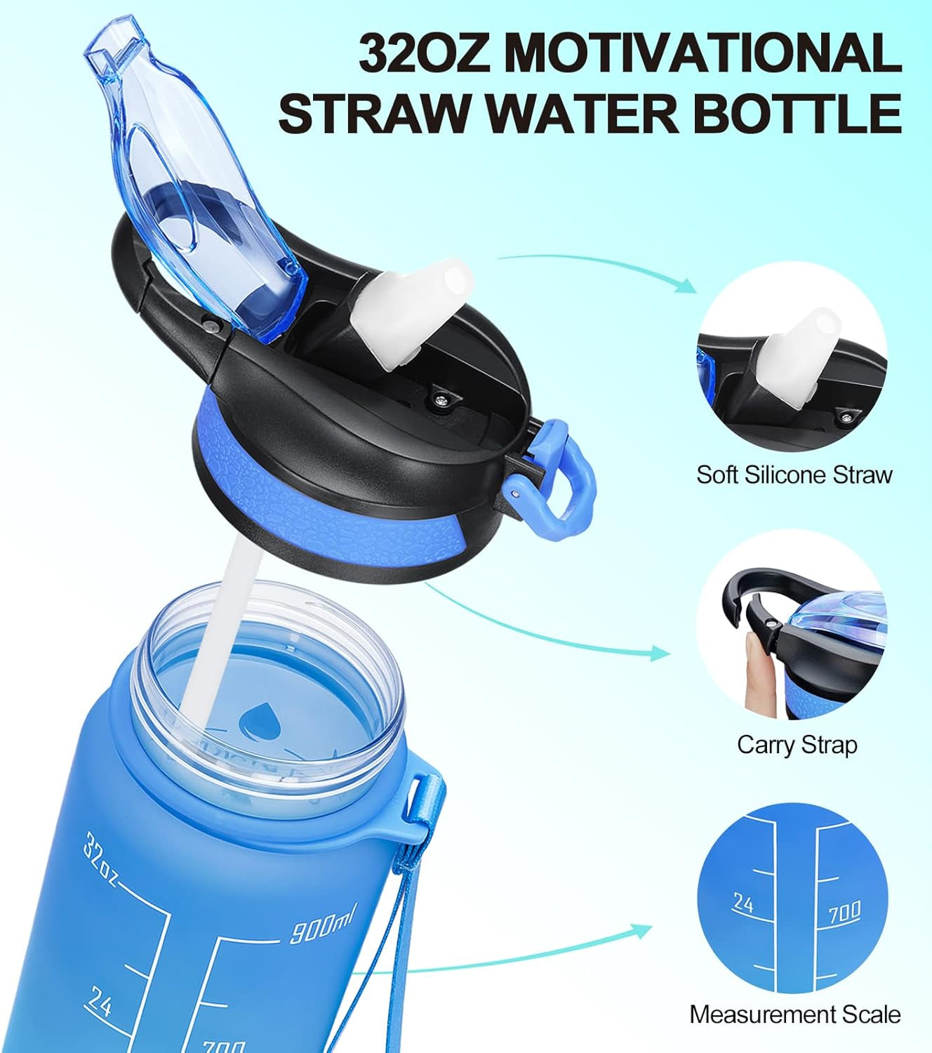 32/24 Oz Water Bottles with Removable Straw & Time Marker, Motivational Sports Bottles with BPA Free Tritan Material, Leakproof Water Jug for Fitness