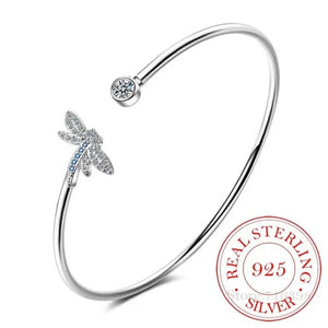 925 Sterling Silver Crystal Butterfly/Dragonfly/Heart Charm Bangles For Women Bracelet &Bangle Wedding Birthday Party Jewelry