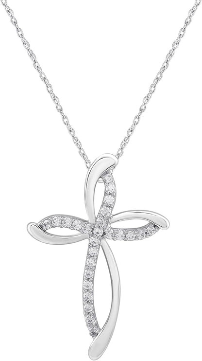 10K White Gold Necklace for Women with Natural Round-Cut Diamond and Swirl Cross Pendant-Necklace, 18" Rope Chain, 925 Sterling Silver Necklace and 18" Cable Chain, 1/4 Carat Total Weight Diamonds & Elegant Gift Box Included