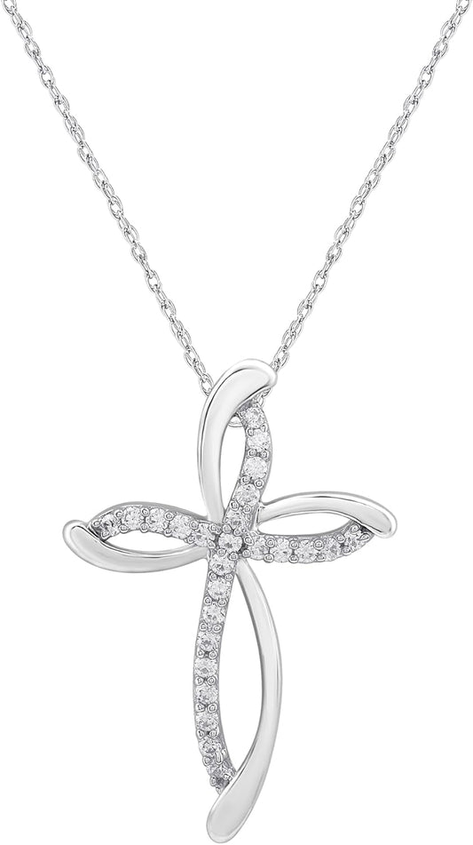 10K White Gold Necklace for Women with Natural Round-Cut Diamond and Swirl Cross Pendant-Necklace, 18" Rope Chain, 925 Sterling Silver Necklace and 18" Cable Chain, 1/4 Carat Total Weight Diamonds & Elegant Gift Box Included