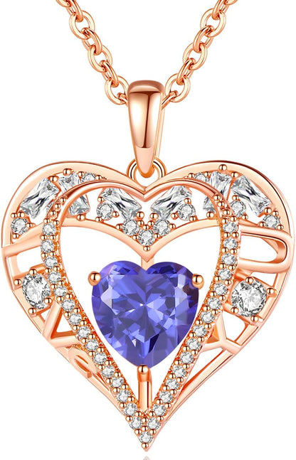 5 Heart Crystal Necklace 18K Rose Gold Plated - Pendant with 18”+2” 925 Sterling Silver Chain - Birthstone Jewelry for Women and Girls - Gift for Birthday, Christmas