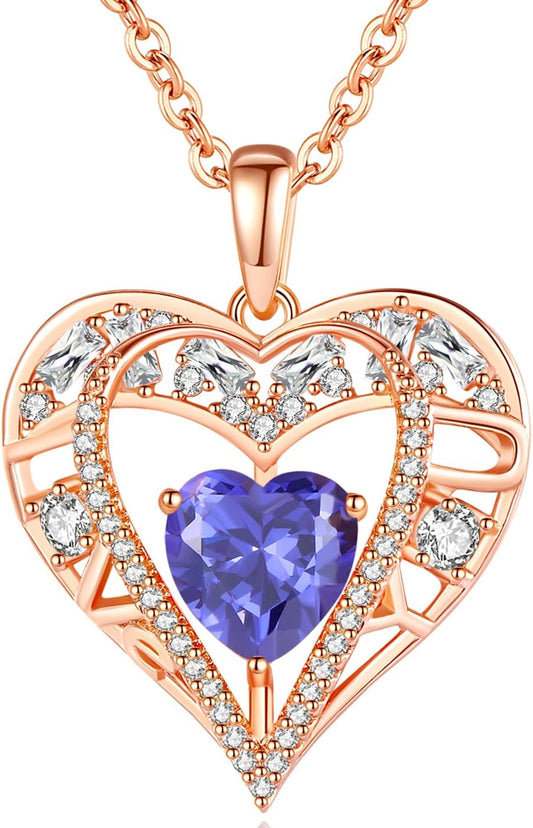 5 Heart Crystal Necklace 18K Rose Gold Plated - Pendant with 18”+2” 925 Sterling Silver Chain - Birthstone Jewelry for Women and Girls - Gift for Birthday, Christmas