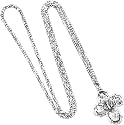 Sterling Silver Traditional Catholic Four Way Cross Medal Pendant Necklace, 24"