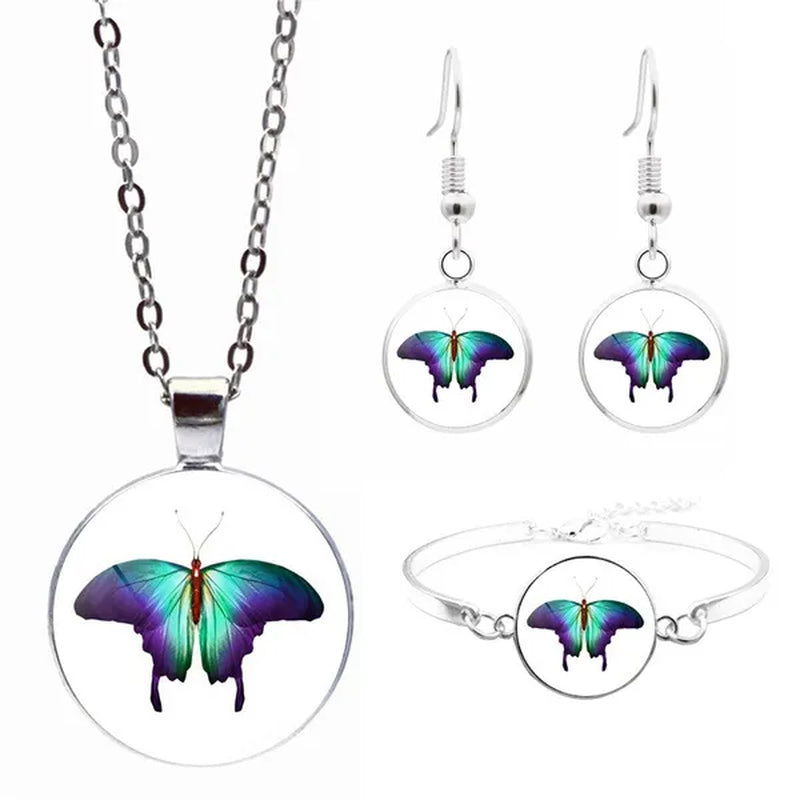Cute Butterfly Cabochon Glass Pendant Necklace Earrings Bracelet Bangle Jewelry Set (Totally 4 Pcs) Fashion Necklace Stud Earrings Bracelet Bangle Set for Women'S Unique Gifts