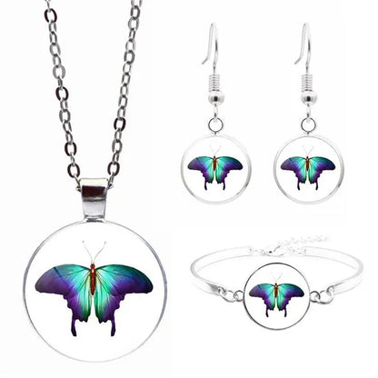 Cute Butterfly Cabochon Glass Pendant Necklace Earrings Bracelet Bangle Jewelry Set (Totally 4 Pcs) Fashion Necklace Stud Earrings Bracelet Bangle Set for Women'S Unique Gifts