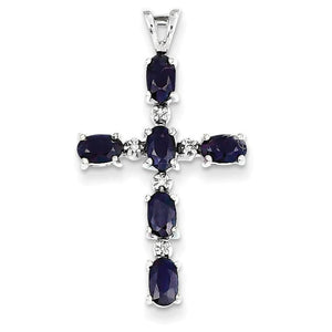 14K White Gold Diamond and Sapphire Cross Pendant