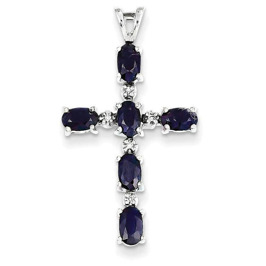 14K White Gold Diamond and Sapphire Cross Pendant