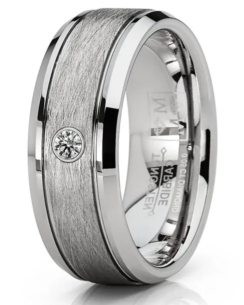 Men'S Tungsten Wedding Band 0.05 Carats Diamond Texture Brush High-Polish Silver-Toned 8MM