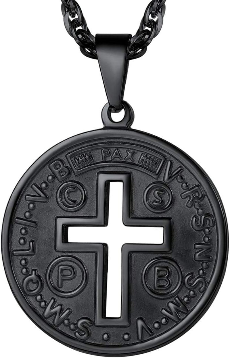 Stainless Steel Saint Benedict Medal Necklace, Protection Jewelry for Men Women, 18K Real Gold Plated, 22Inch-24Inch Adjustable, Come Gift Box