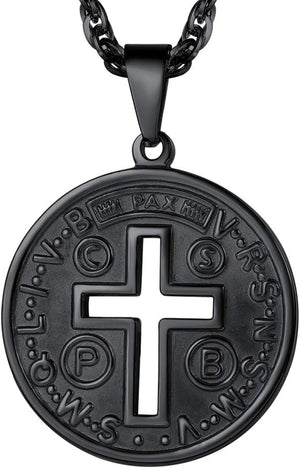 Stainless Steel Saint Benedict Medal Necklace, Protection Jewelry for Men Women, 18K Real Gold Plated, 22Inch-24Inch Adjustable, Come Gift Box