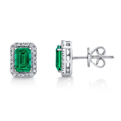 925 Sterling Silver Lab Created Emerald and 0.11 CT. T.W. Diamond Stud Earrings