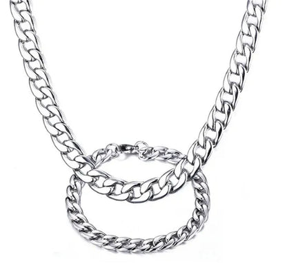 24''+8.5'' Silver stainless steel curb chain necklace and bracelet jewelry set for Mens