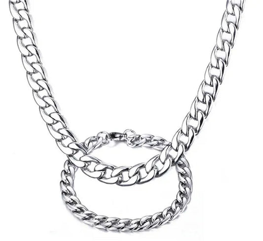 24''+8.5'' Silver stainless steel curb chain necklace and bracelet jewelry set for Mens