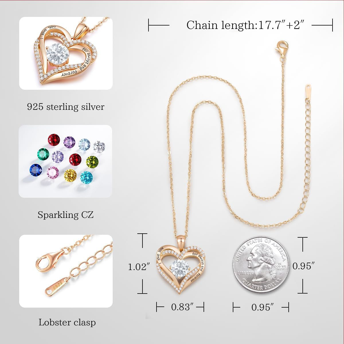 Forever Love Heart Women Necklace 925 Sterling Silver Rose Gold Plated Birthstone Pendant Necklaces for Women with Cubic Jewelry Gifts Birthday Gift for Mom Women Wife Girls Graduation Gifts for Her