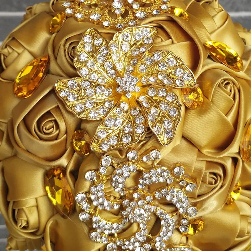 Private Custom 18CM Wedding Bouquet Luxury Gold Crystal Brooch Bride Bouquet Pure Handmade Silk Rose Ribbon Wedding Bride Holding Flowers Multi-Color Optional