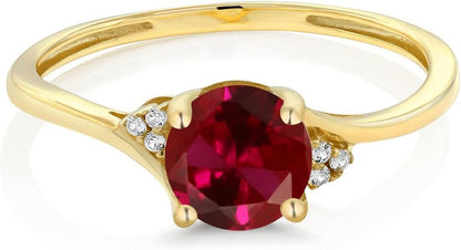 10K Yellow Gold Red Created Ruby and Diamond Accent Engagement Ring for Women (1.05 Cttw, round 6MM, Available in Size 5, 6, 7, 8, 9)