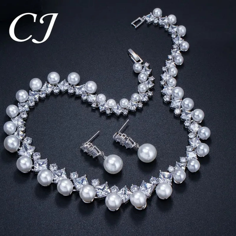 CANDICE High Quality White Gold Plating Square CZ Stone With White Pearl Luxurious Bridal Jewelry Wedding Choker Necklace and Drop Earrings Sets for Brides Dress Accessories