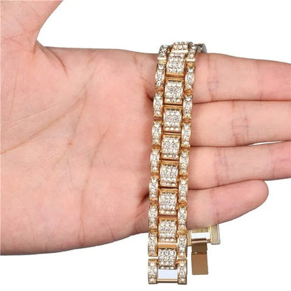 Fashion Men 24K Gold / 925 Silver Plated Solid Stainless Steel Bracelet Iced DIAMOND Link Chain Bracelet 7/8 Inch
