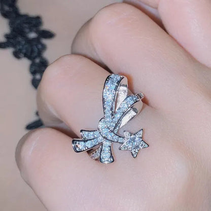 4Pcs/Set High Quality S925 Stamp Sterling Silver Post Bow with Star Pentagram Micro Inlaid Sparkling Cubic Zirconia Jewelry Set Earrings Pendant Necklace Open End Ring for Women Lovely Girl Birthday Party Anniversary Gift