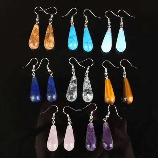 1Pair Option 29X10MM Water Drop Amethyst Clear Quartz Lapis Lazuli Turquoise Rose Quartz Opal Tiger Eye Drop Earrings