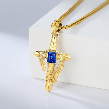 Cross Necklace for Men Women, Angel Wings Stainless Steel Pendant with Created Sapphire Blue Stone, 14K Gold Plated Titanium Steel, Inspirational Faith Jewelry Gifts, 24 Inches Chain (Gold)