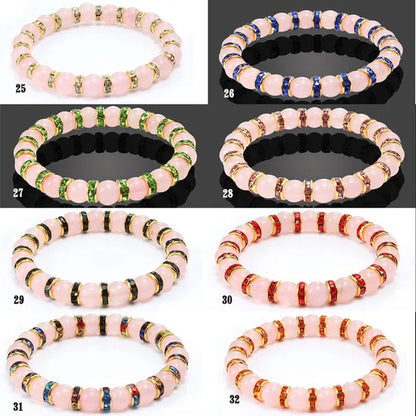 Natural Stone Pink Crystal Quartz &White Porcelain Rhinestones Bracelets & Bangles Charm Powder Beads Strand Bracelet Love Gifts for Women Men Casual Jewelry