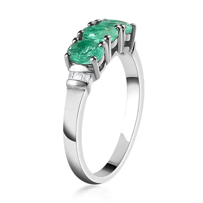 Shop LC Emerald White Diamond Oval 925 Sterling Silver Platinum Plated Trilogy Ring for Women Ct 0.92