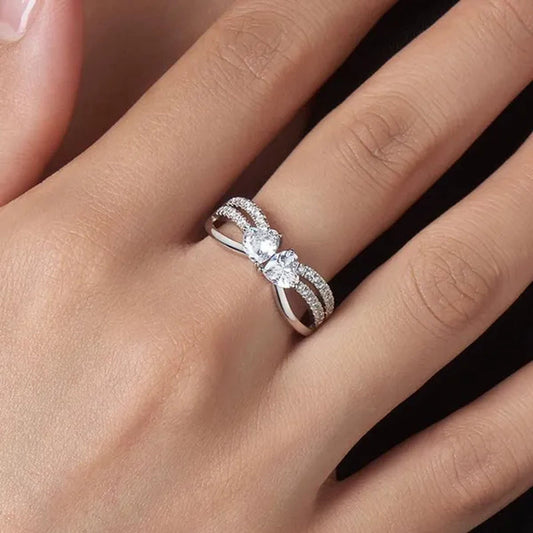 925 Sterling Silver Double Heart with Heart Moissanite Diamond Rings Wedding Enagement Courtship Ring Jewelry