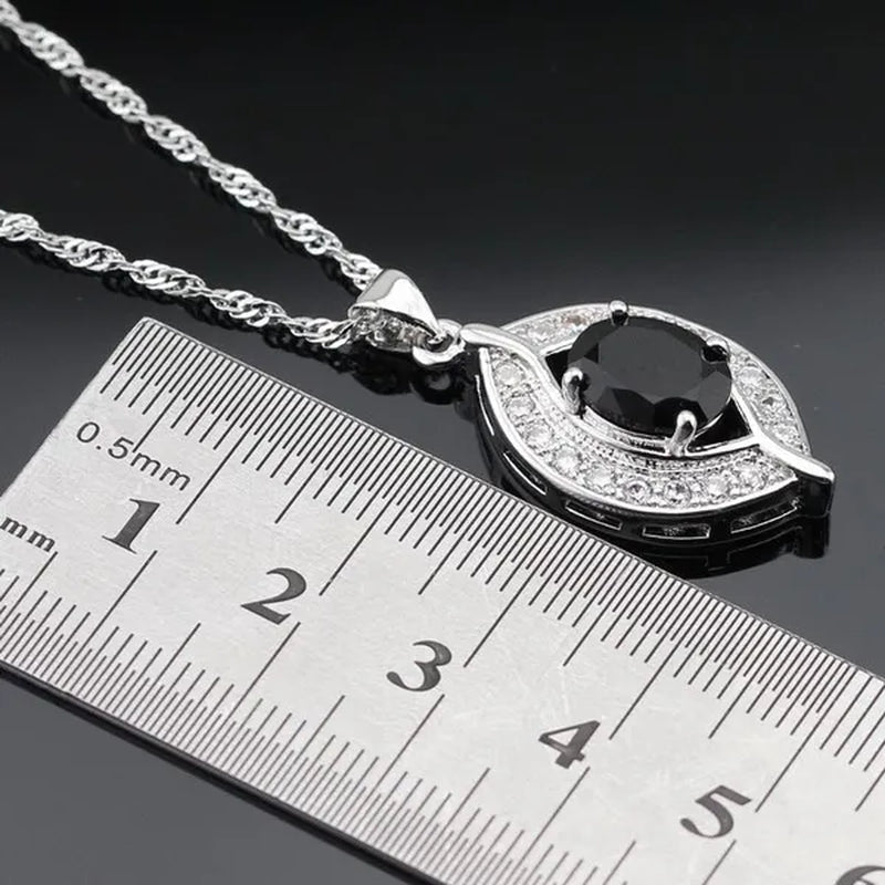 925 Sliver Jewelry Sets Black Zircon White Topaz Necklace Pendant Hoop Earring Ring Bracelet For Women  Dating Gift