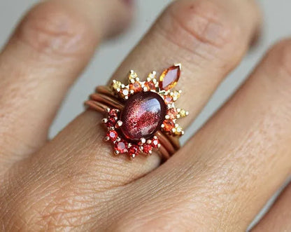 Bohemia Creative Rose Gold Stack with Diamond Gem Three-piece Ring for Women Ruby Crystal Ring Set Jewelry Gifts