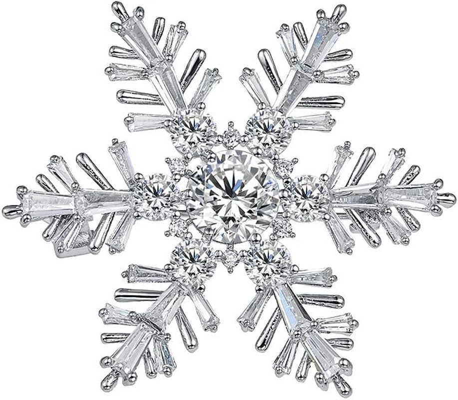 White Gold Plated Cubic Zirconia CZ Winter Art Deco Snowflake Flower Clear Brooch Pin for Women Lady