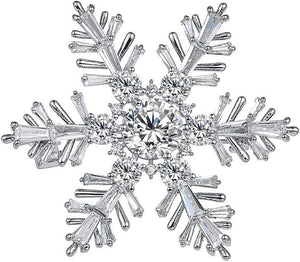 White Gold Plated Cubic Zirconia CZ Winter Art Deco Snowflake Flower Clear Brooch Pin for Women Lady