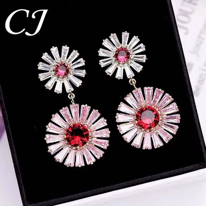 CANDICE High Quality 18K Yellow Gold Plating Gorgeous Women Pink Flower Dangling Earrings Pave Clear Red Cubic Zirconia Dancing Party Jewelry Accessories