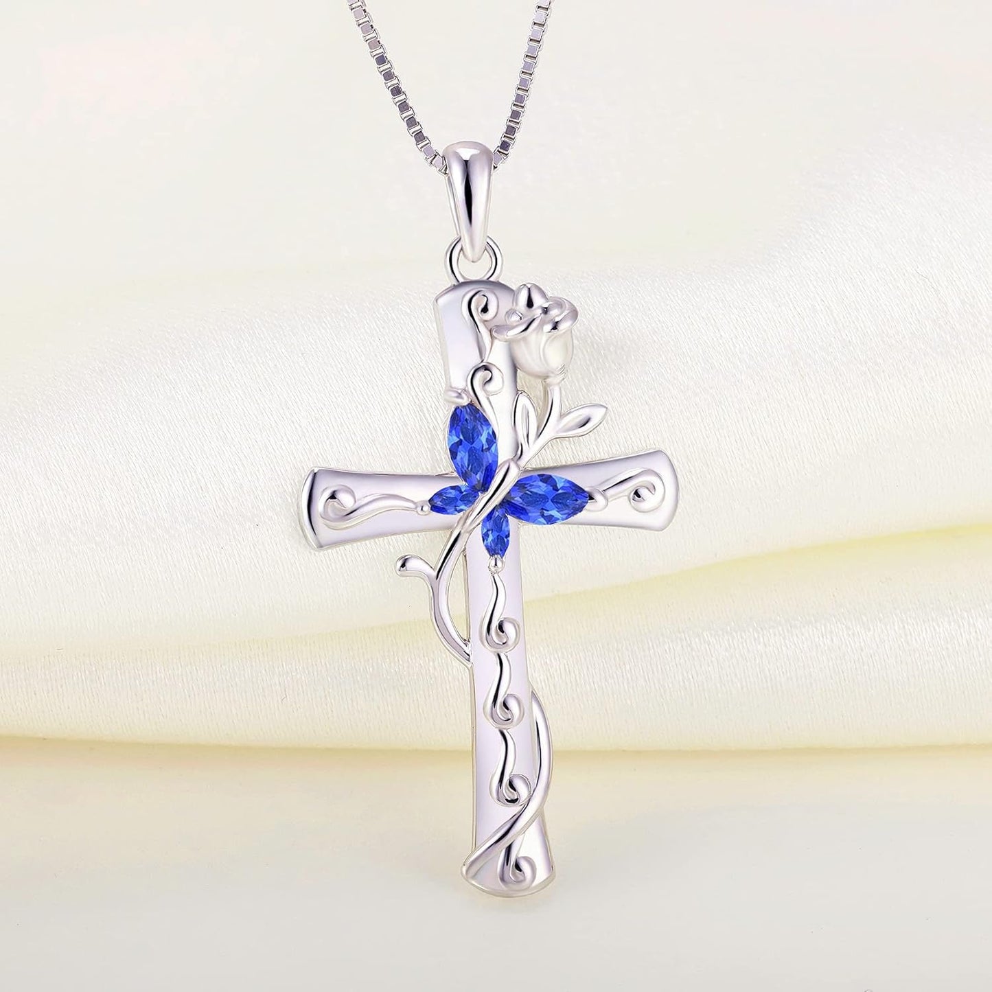 Butterfly Cross Necklace Sterling Silver Rose Flower Pendant Birthstone Jewelry for Women