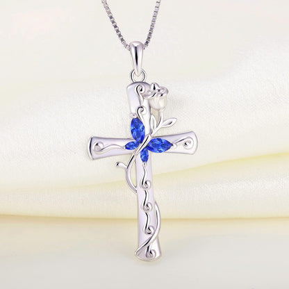 Butterfly Cross Necklace Sterling Silver Rose Flower Pendant Birthstone Jewelry for Women