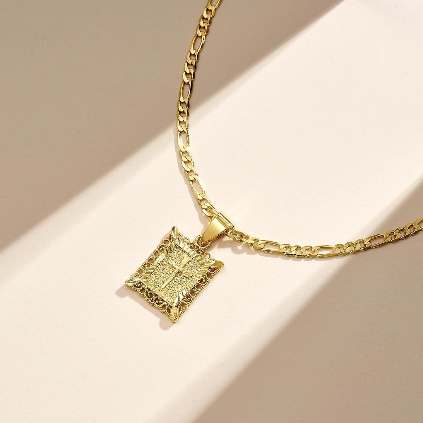Cross Pendant Necklace for Women Men, 14K Gold and Silver Plated Square Faith Christian Figaro Chain Religious Jewelry Gift for Christian Faith, Baptism, First Communion