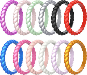 12 Packs Silicone Wedding Rings for Women, Thin Braided Rubber Wedding Bands Stackable Ring, Hypoallergenic Silicone