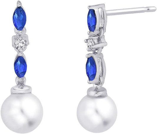 Cultured Freshwater Pearl and 1/20 Ct. Diamond with 1/2 Ct. Sapphire Earrings in 14K White Gold